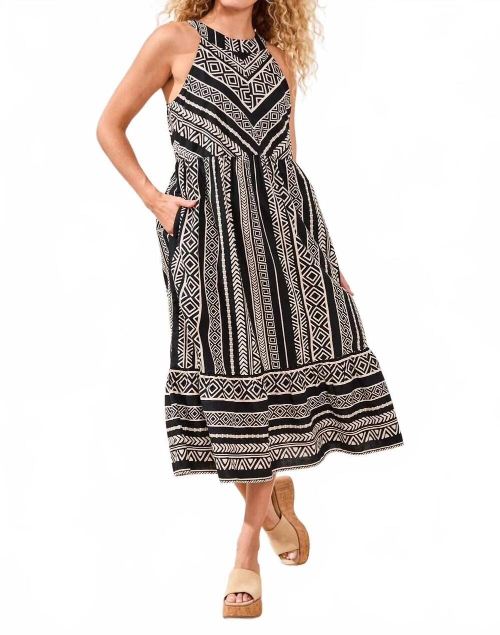 NEW TRIBAL linen halter neck tiered midi dress in black